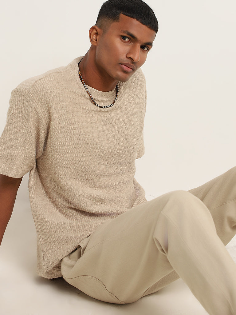 ETA Beige Woven Cotton Relaxed Fit T-Shirt