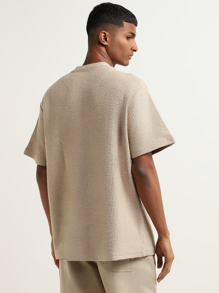 ETA Beige Woven Cotton Relaxed Fit T-Shirt