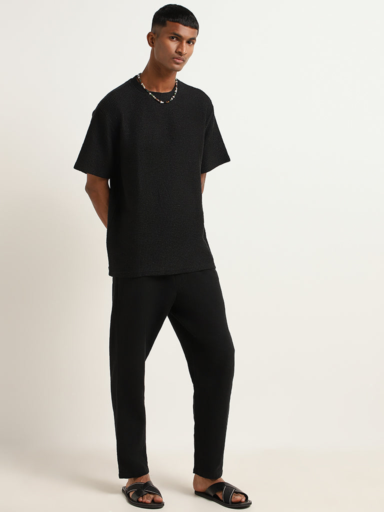 ETA Black Woven Cotton Relaxed Fit T-Shirt