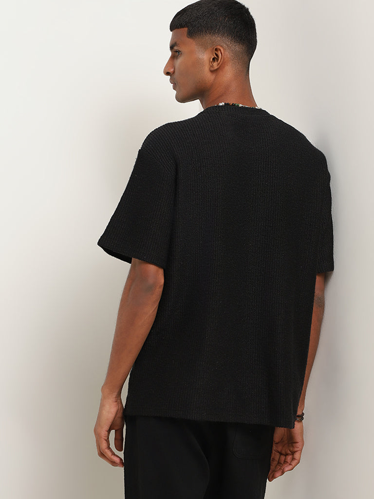 ETA Black Woven Cotton Relaxed Fit T-Shirt