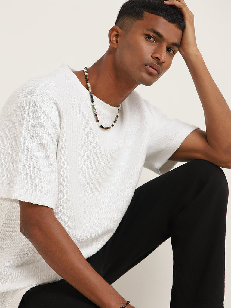 ETA White Woven Cotton Relaxed Fit T-Shirt