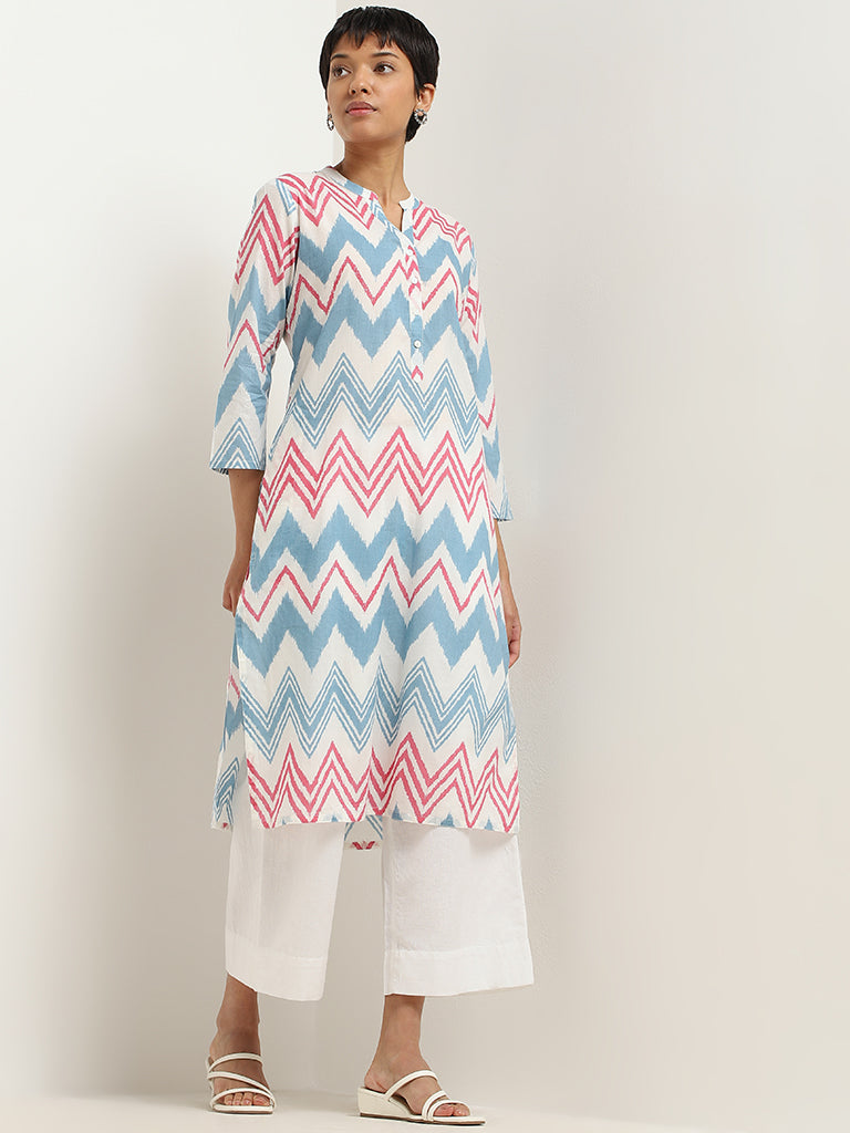 Utsa Blue Chevron Printed Cotton Kurta