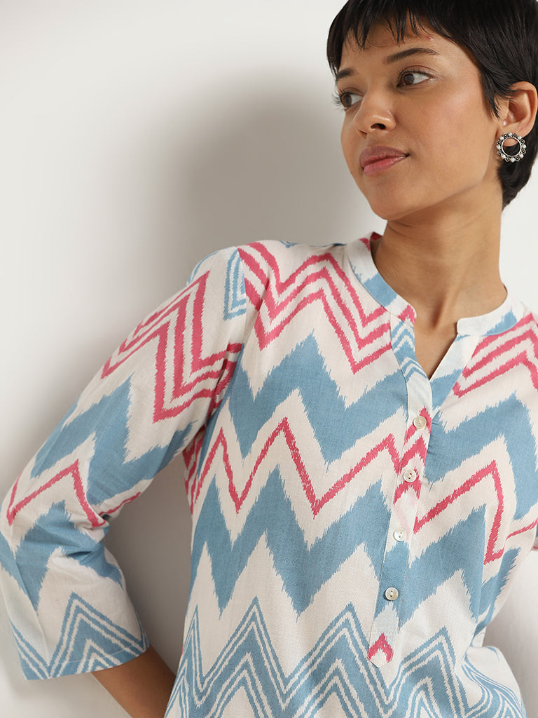 Utsa Blue Chevron Printed Cotton Kurta