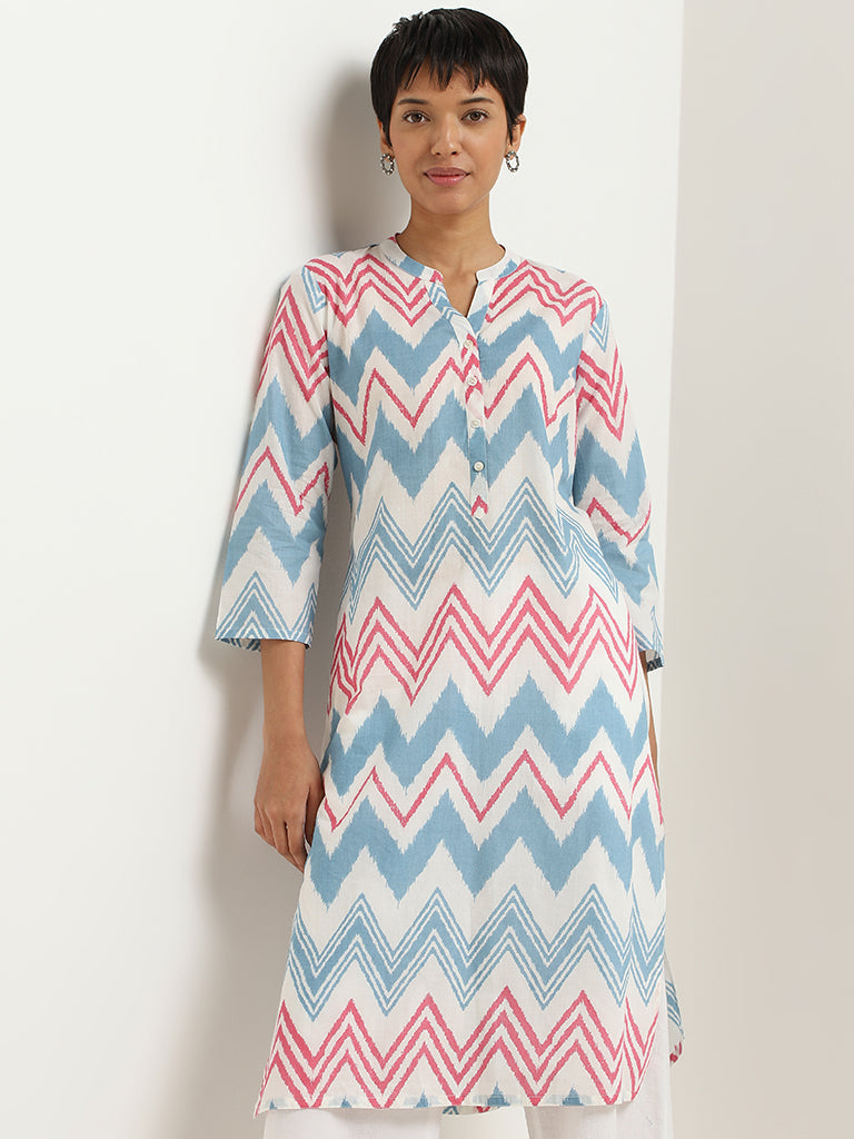 Utsa Blue Chevron Printed Cotton Kurta