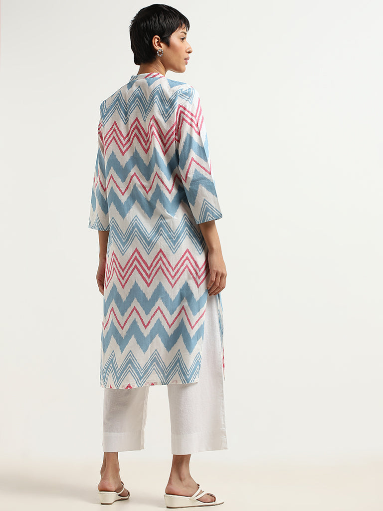 Utsa Blue Chevron Printed Cotton Kurta