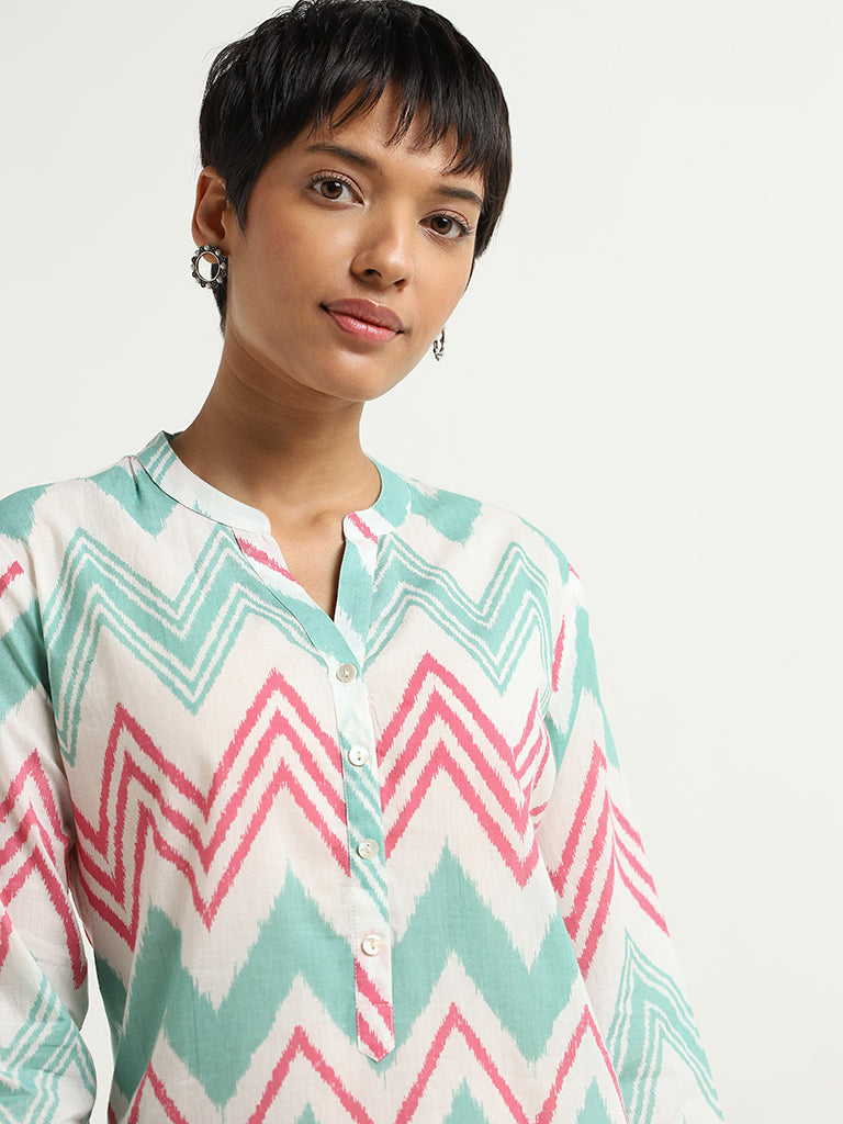 Utsa Turquoise Chevron Printed Cotton Kurta