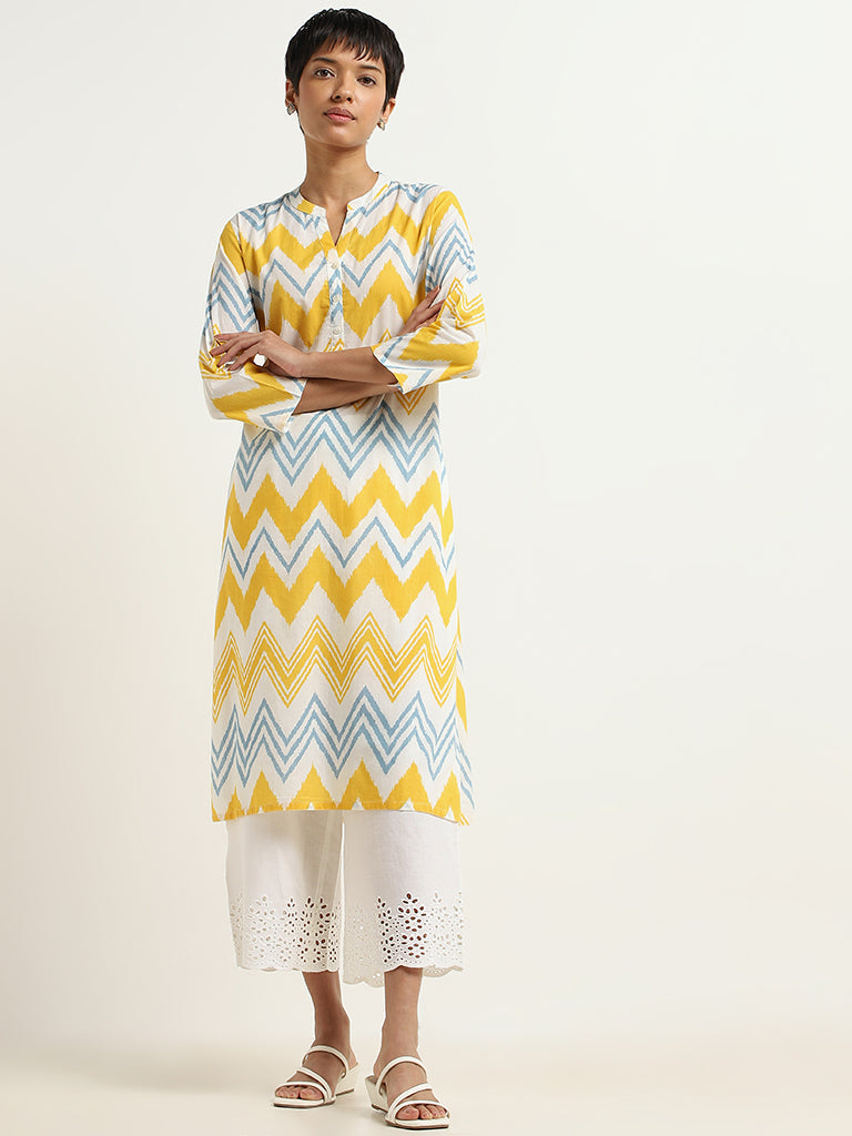 Utsa Yellow Chevron Printed Cotton Kurta