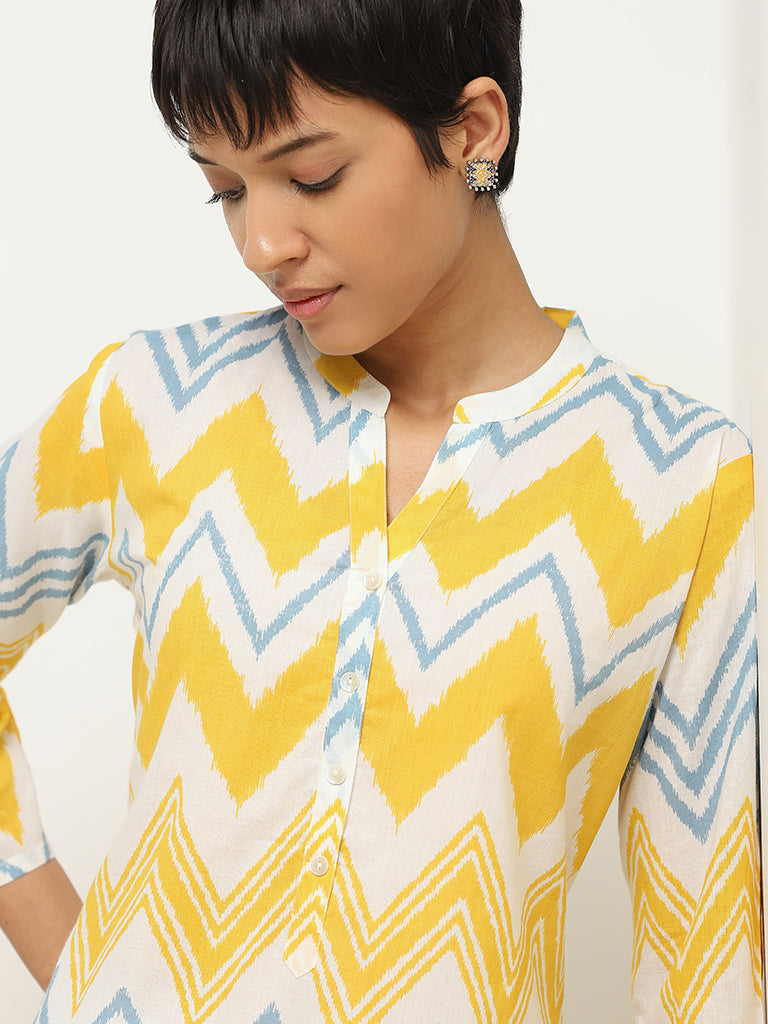 Utsa Yellow Chevron Printed Cotton Kurta