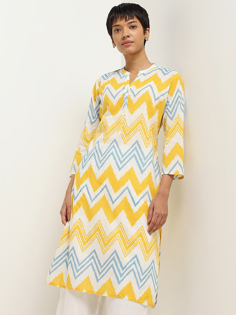 Utsa Yellow Chevron Printed Cotton Kurta