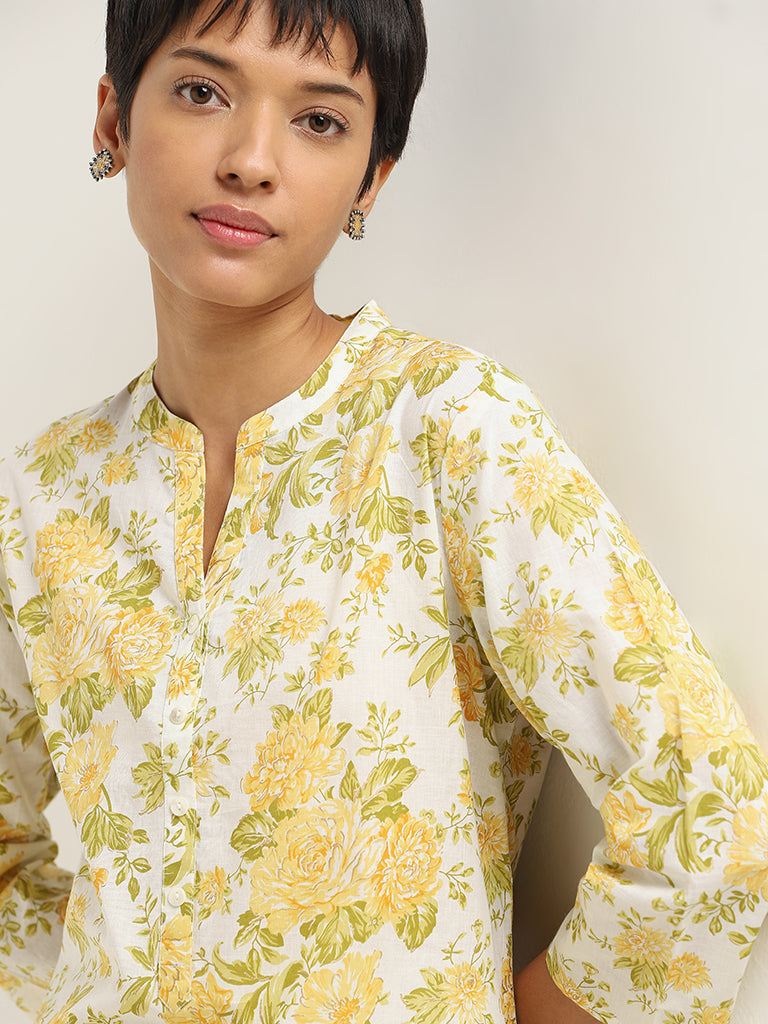 Utsa Yellow Floral Print Cotton Kurta