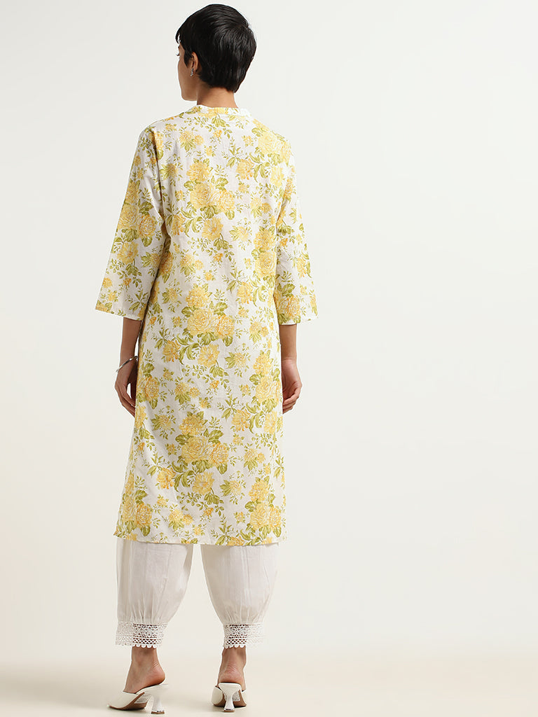 Utsa Yellow Floral Print Cotton Kurta