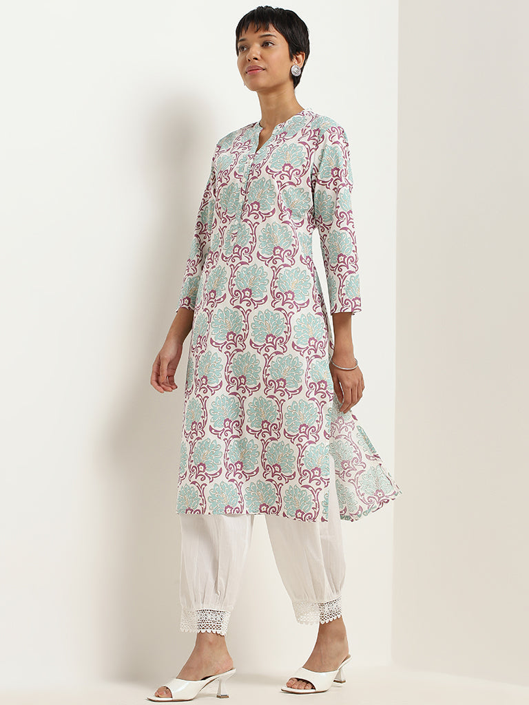 Utsa Turquoise Motif Printed Cotton Kurta