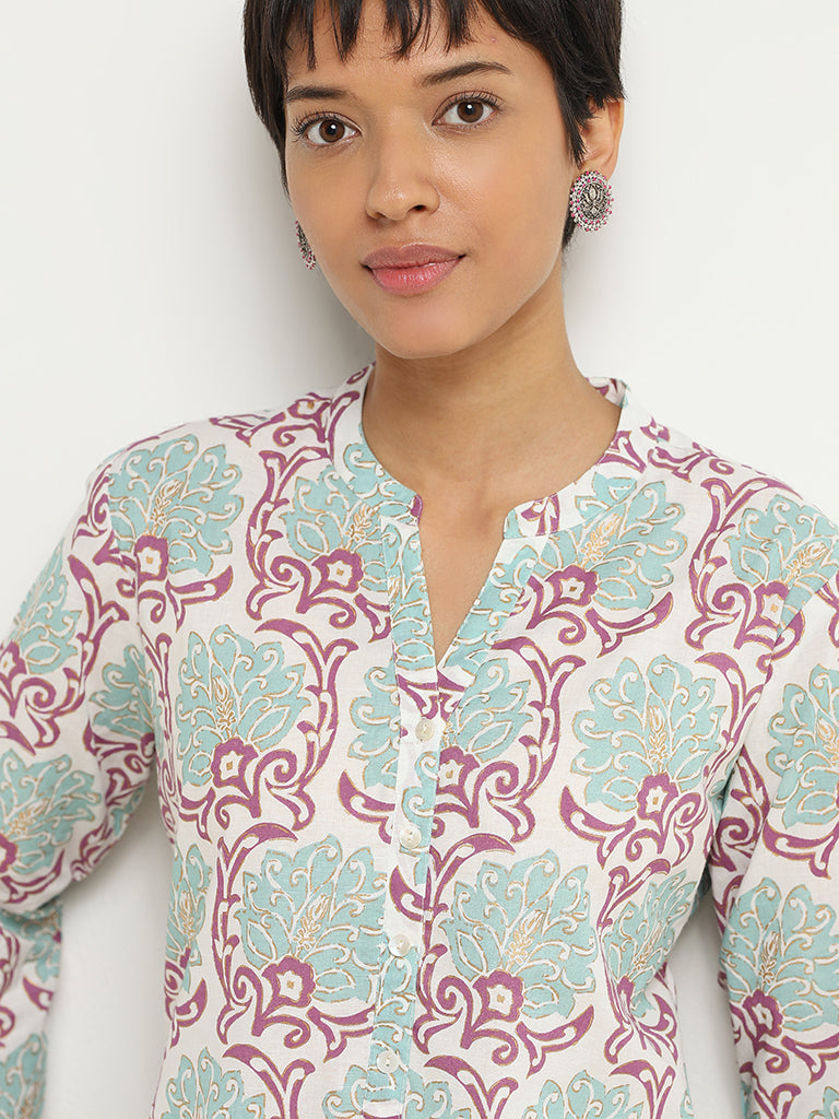 Utsa Turquoise Motif Printed Cotton Kurta