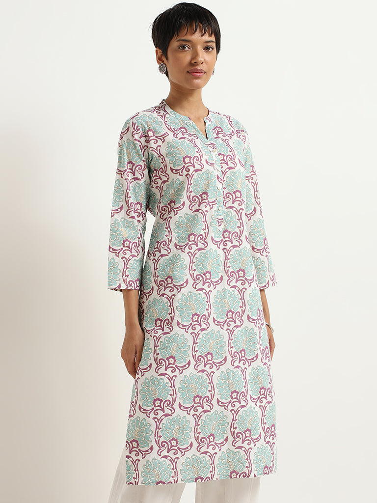 Utsa Turquoise Motif Printed Cotton Kurta