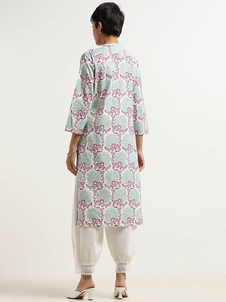 Utsa Turquoise Motif Printed Cotton Kurta