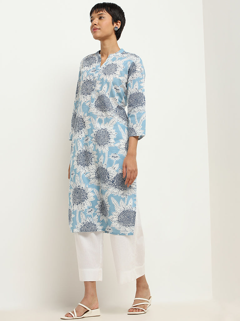 Utsa Blue Sunflower Printed Cotton Kurta