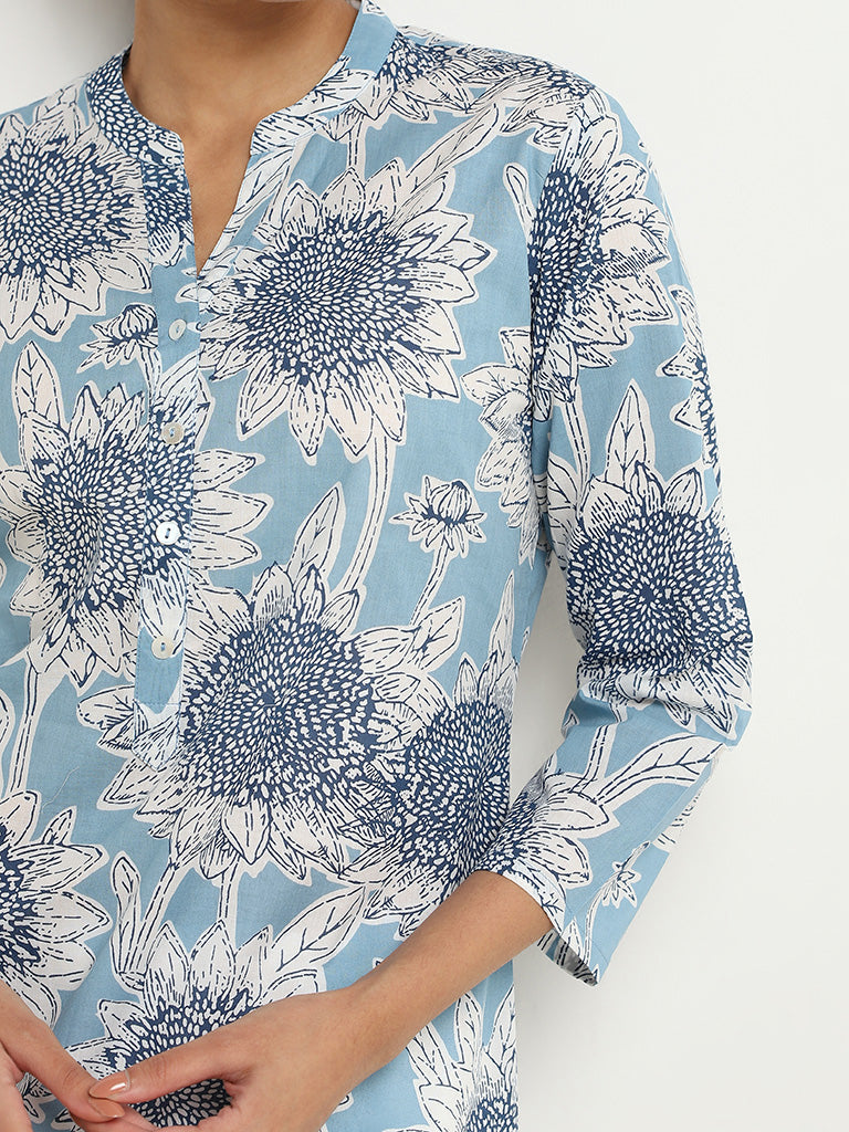 Utsa Blue Sunflower Printed Cotton Kurta