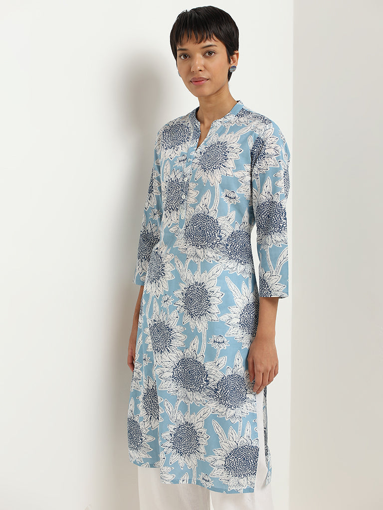 Utsa Blue Sunflower Printed Cotton Kurta