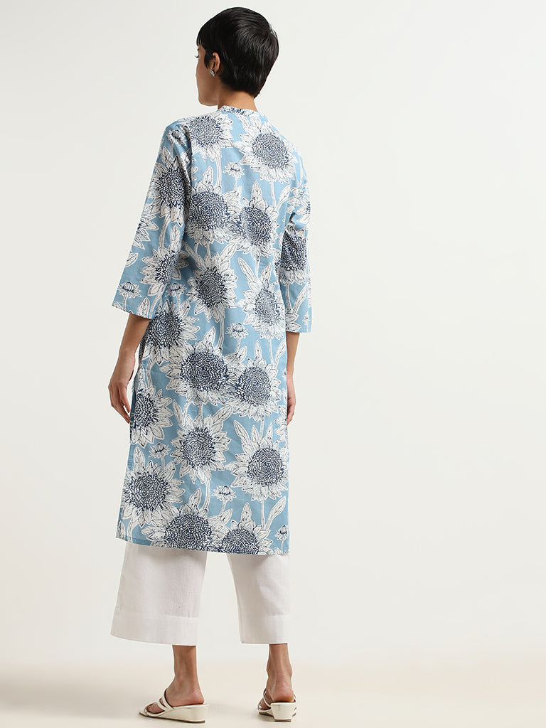 Utsa Blue Sunflower Printed Cotton Kurta