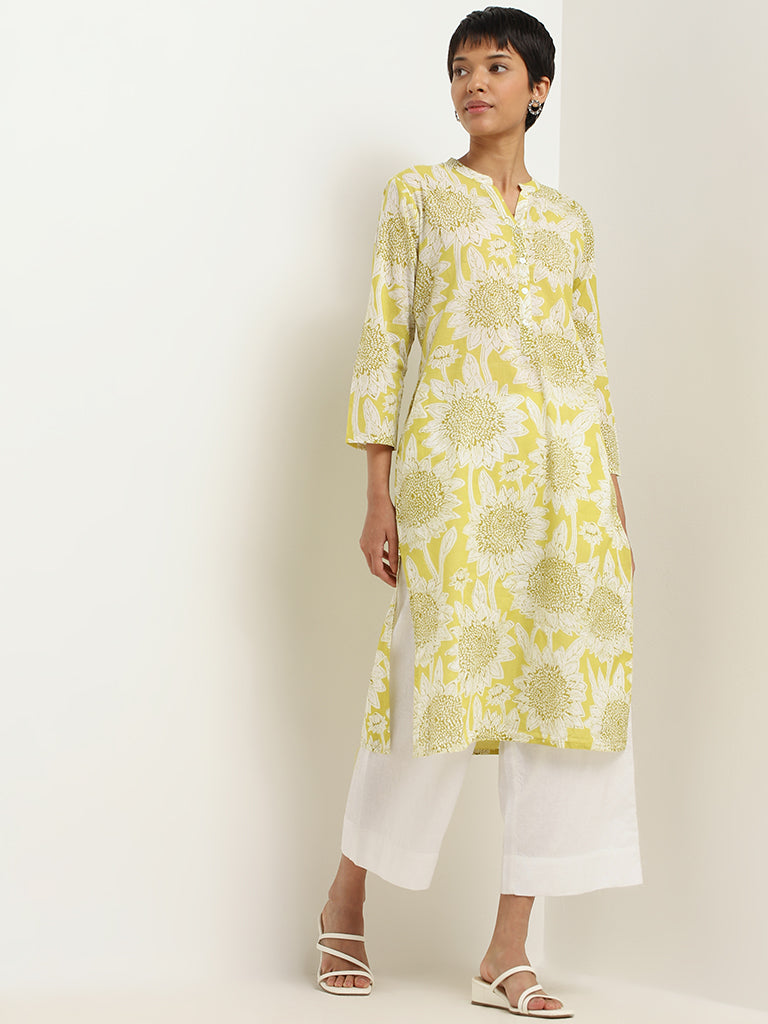 Utsa Lime Sunflower Printed Cotton Kurta