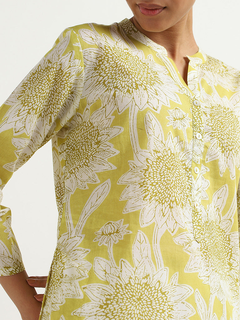 Utsa Lime Sunflower Printed Cotton Kurta