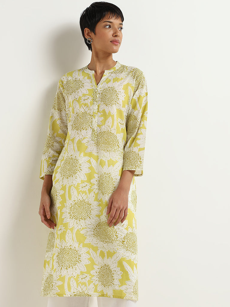 Utsa Lime Sunflower Printed Cotton Kurta