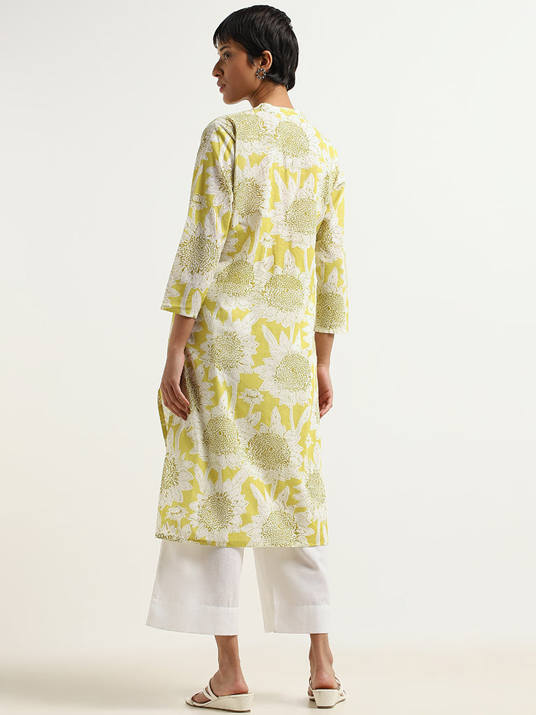 Utsa Lime Sunflower Printed Cotton Kurta