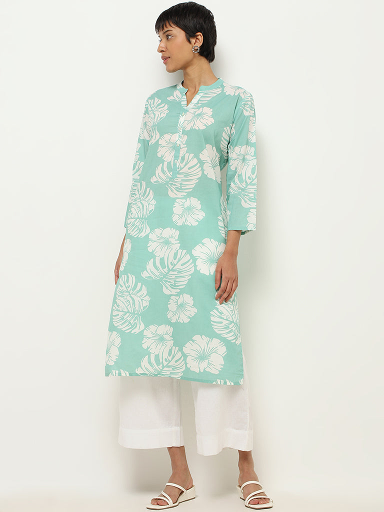 Utsa Turquoise Cotton Straight-Fit Kurta