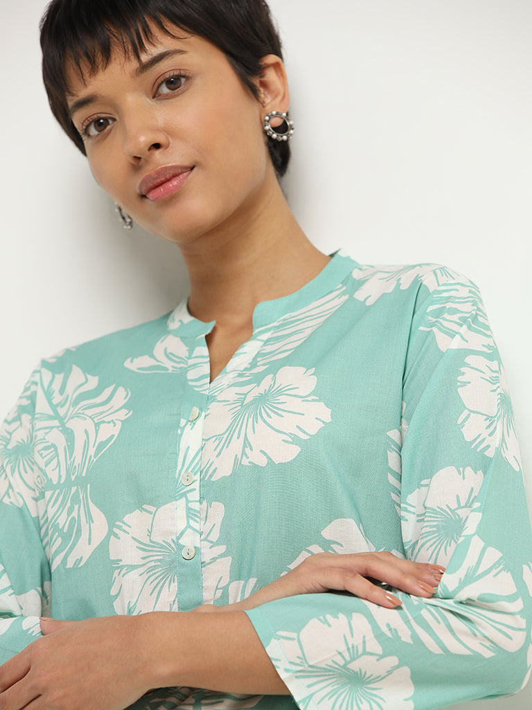 Utsa Turquoise Cotton Straight-Fit Kurta