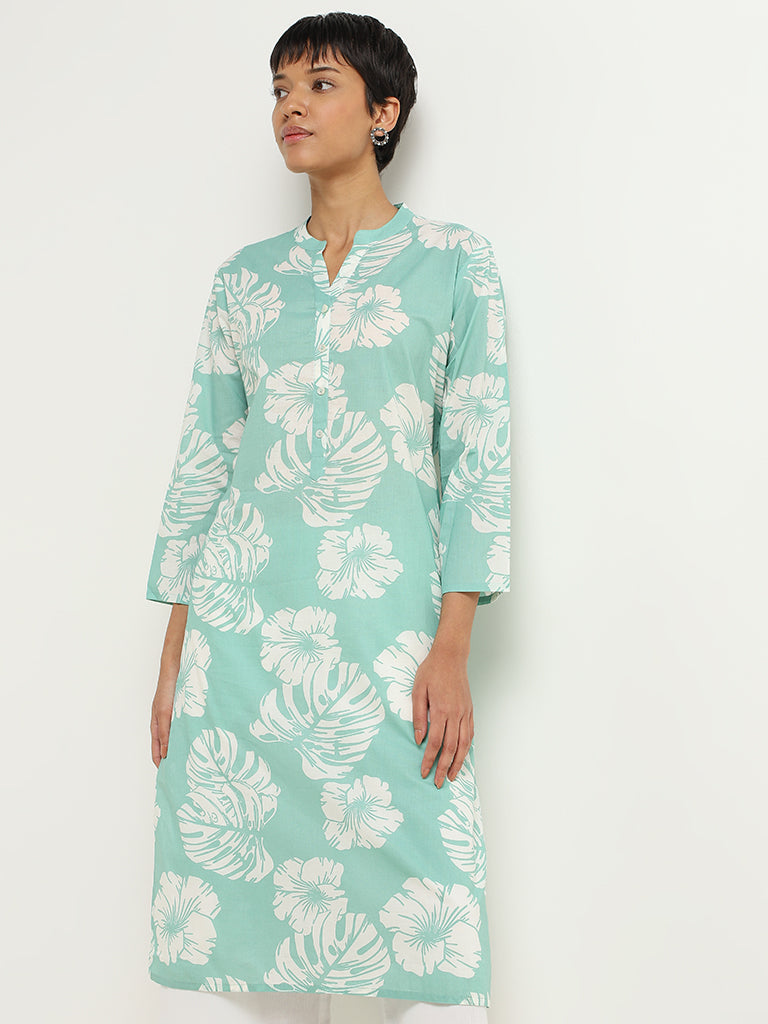 Utsa Turquoise Cotton Straight-Fit Kurta