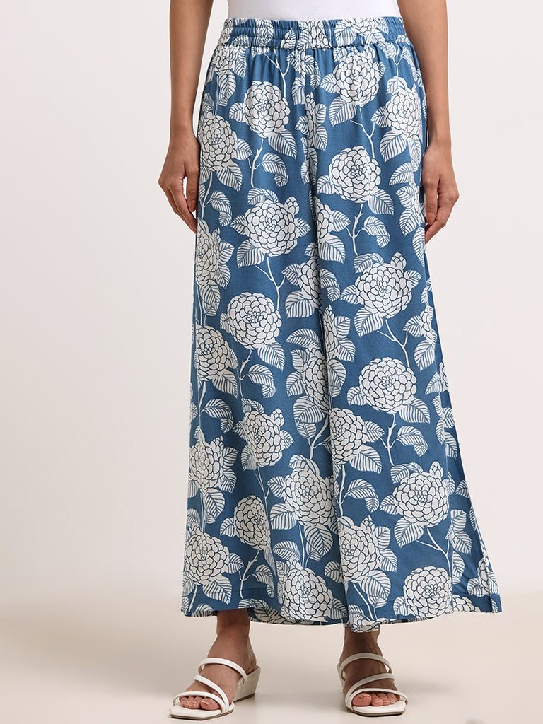 Utsa Blue Floral Printed Palazzos