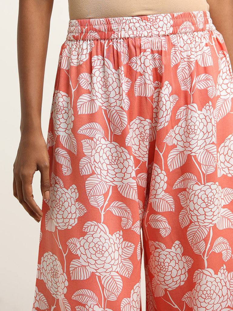 Utsa Coral Floral Printed Palazzos