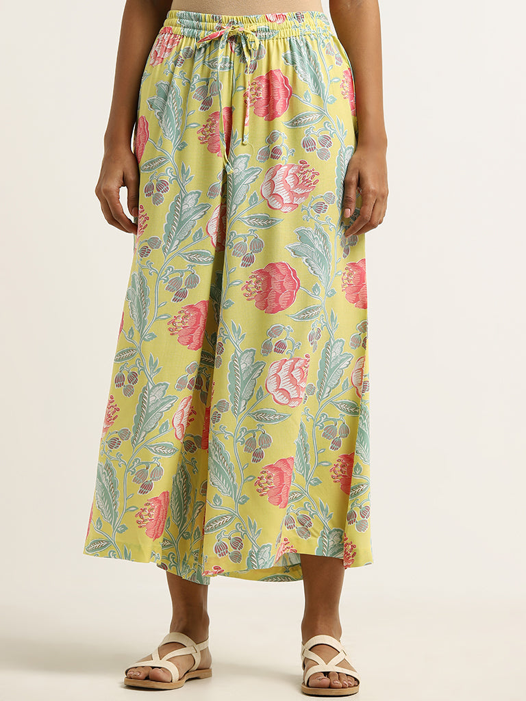 Utsa Yellow Floral Cotton Palazzos