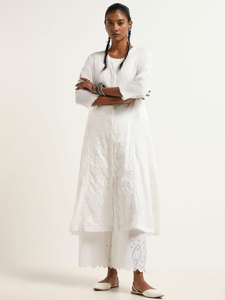 Zuba White Embroidered Cotton A-Line Kurta