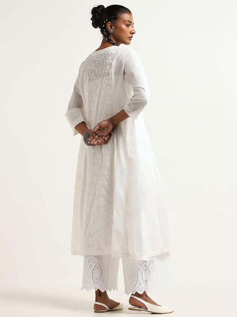 Zuba White Embroidered Cotton A-Line Kurta