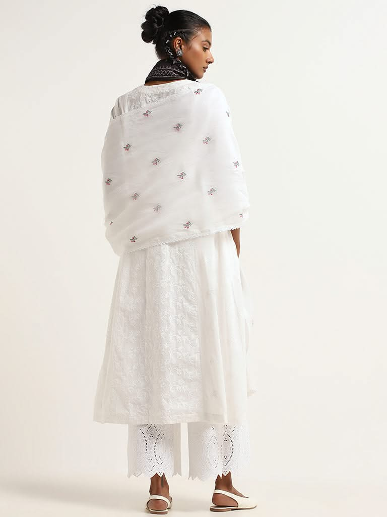 Zuba White Embroidered Cotton A-Line Kurta