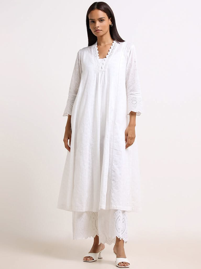 Zuba White Schiffli Cotton Straight-Fit Kurta