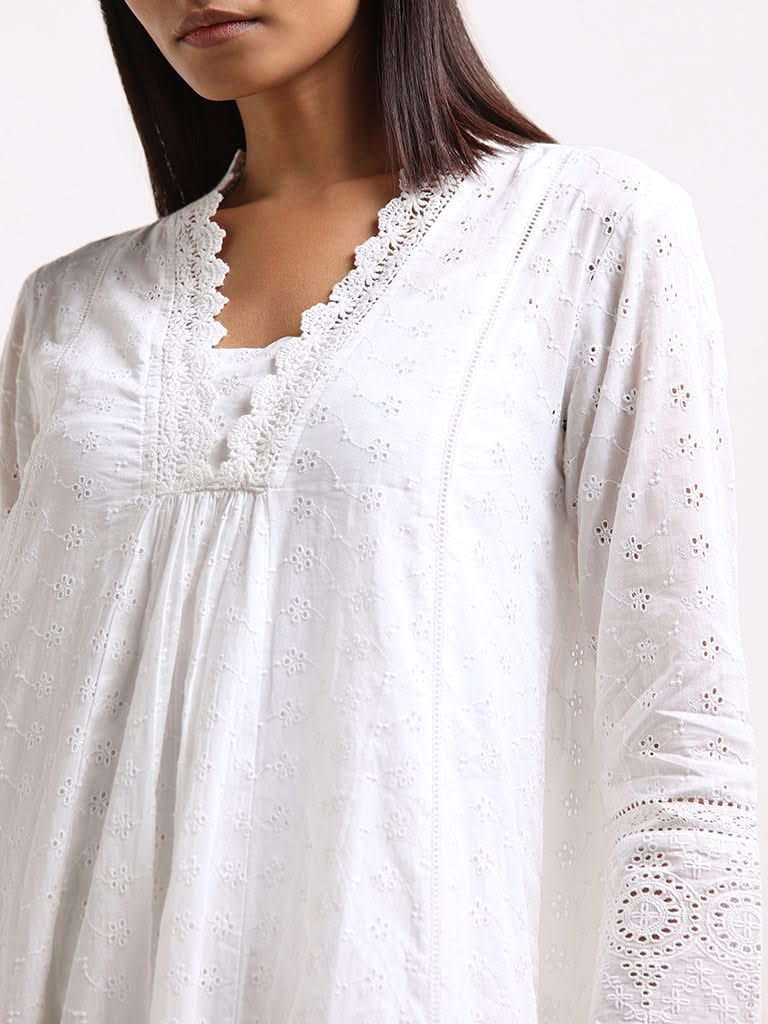 Zuba White Schiffli Cotton Straight-Fit Kurta