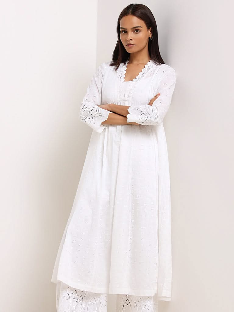 Zuba White Schiffli Cotton Straight-Fit Kurta