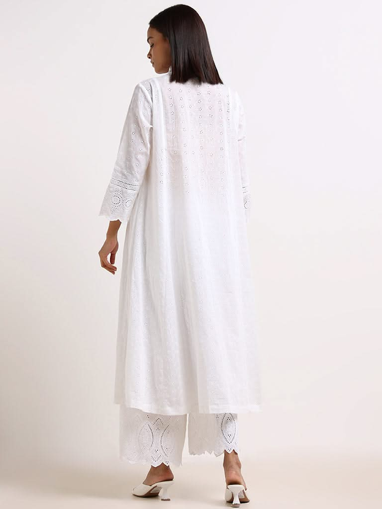 Zuba White Schiffli Cotton Straight-Fit Kurta