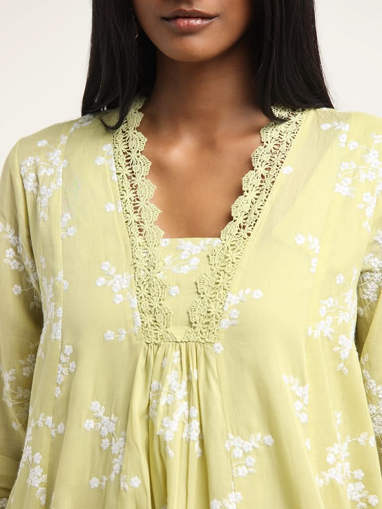 Zuba Lime Floral Embroidered Cotton A-Line Kurta with Camisole