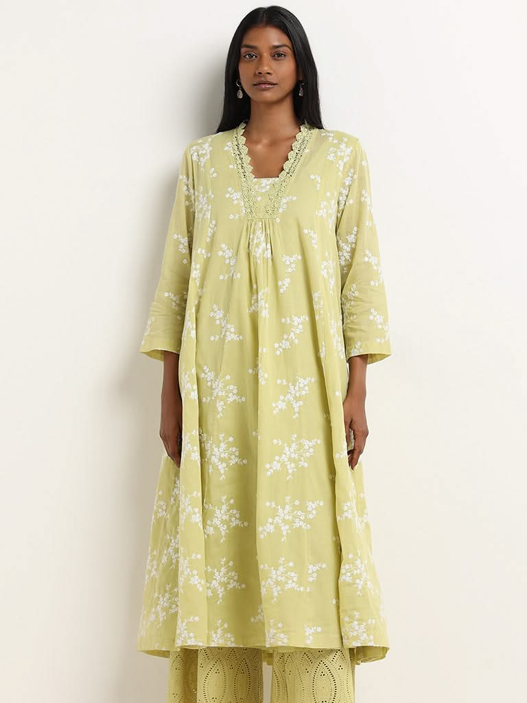 Zuba Lime Floral Embroidered Cotton A-Line Kurta with Camisole