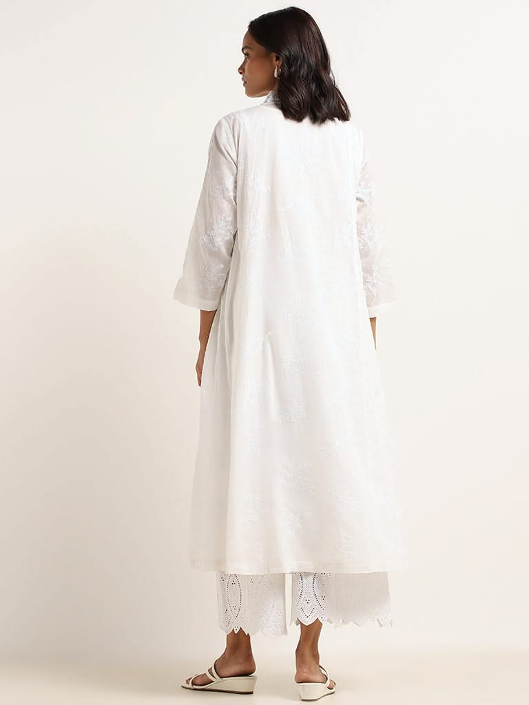 Zuba White Embroidered Lace Hem Cotton Kurta with Camisole