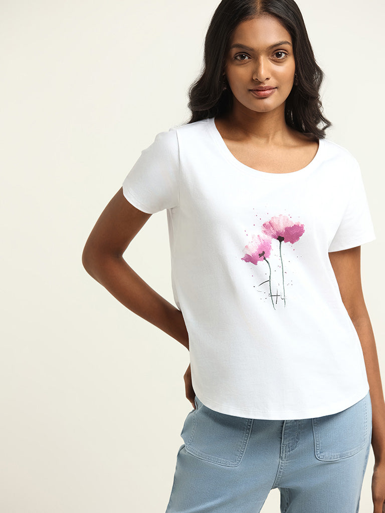 LOV White Printed Cotton T-Shirt