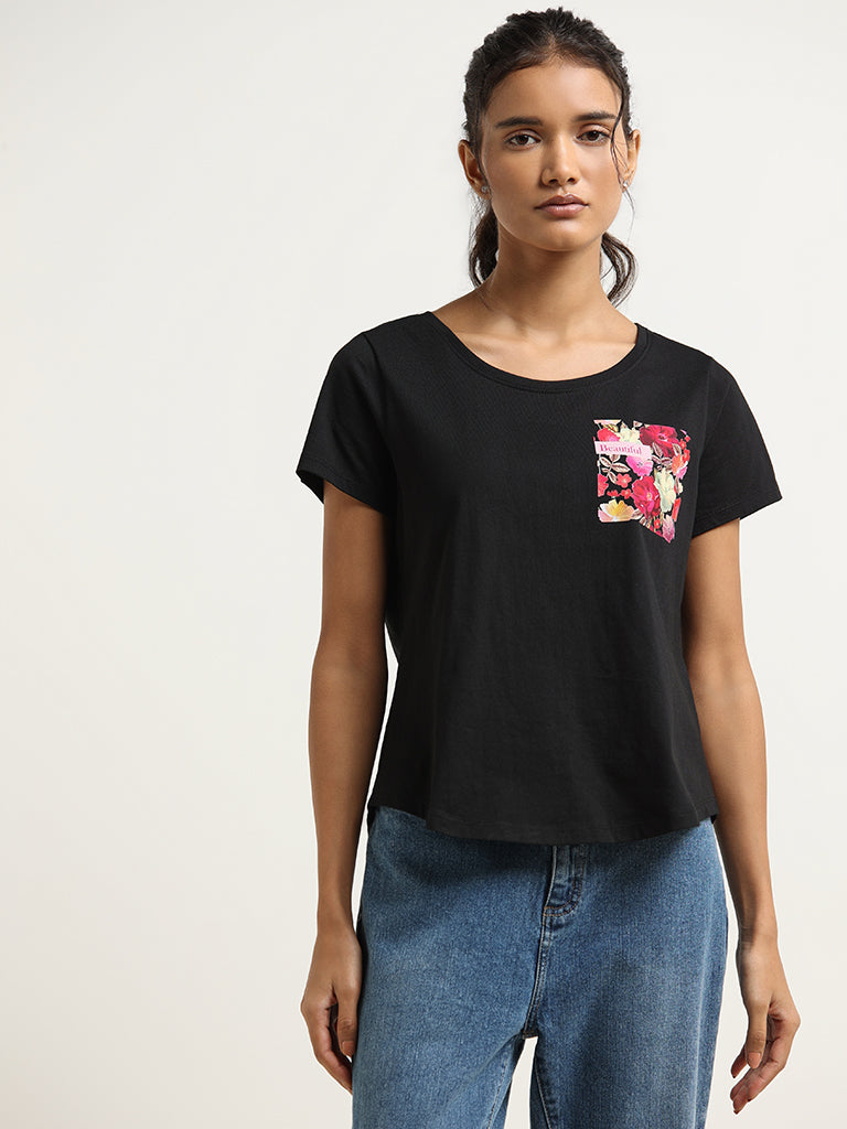 LOV Black Printed Cotton T-Shirt