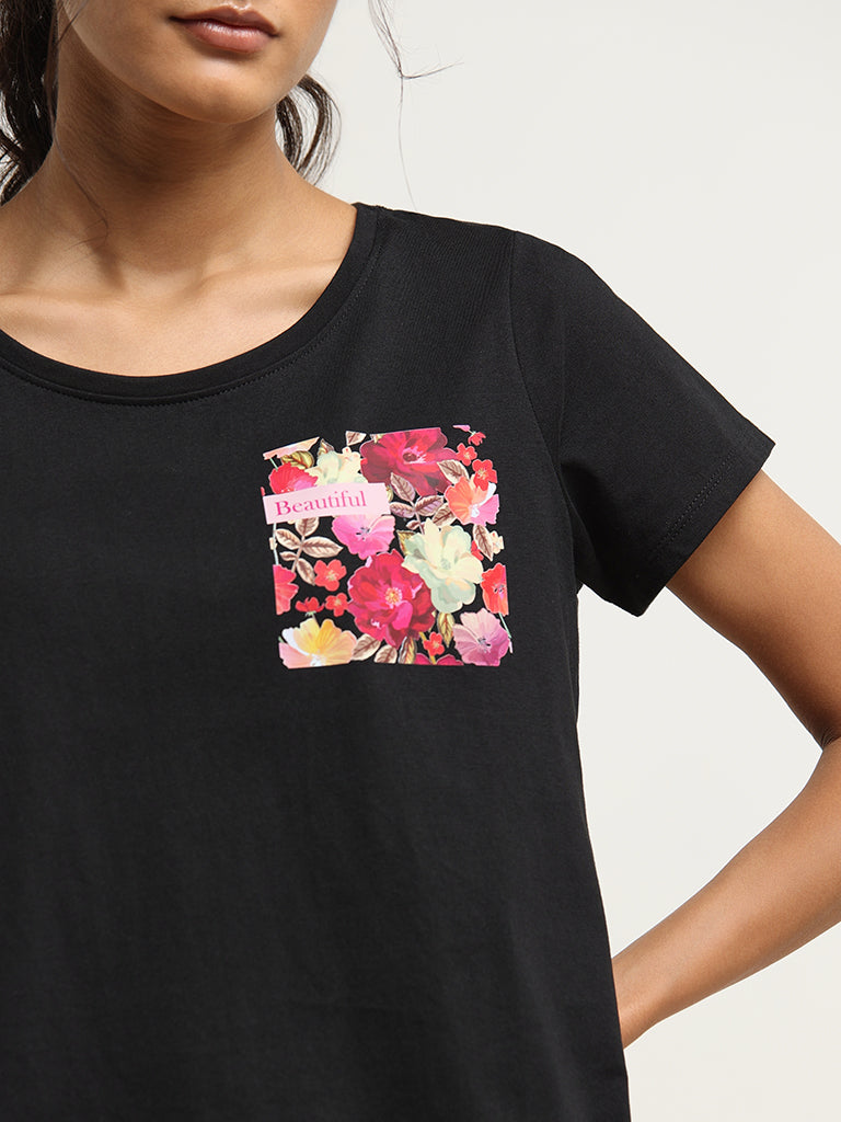 LOV Black Printed Cotton T-Shirt