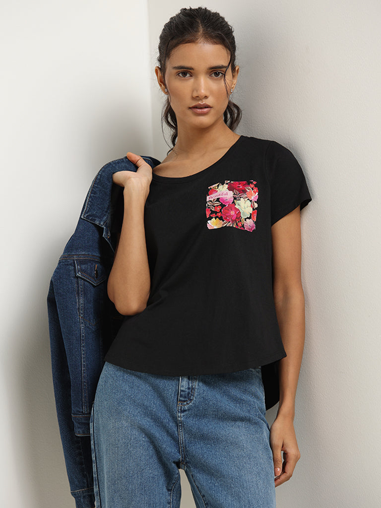 LOV Black Printed Cotton T-Shirt