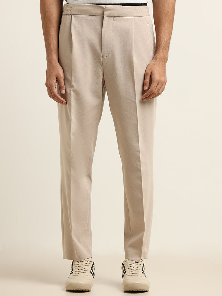 Ascot Beige Cotton Blend Relaxed Fit Chinos