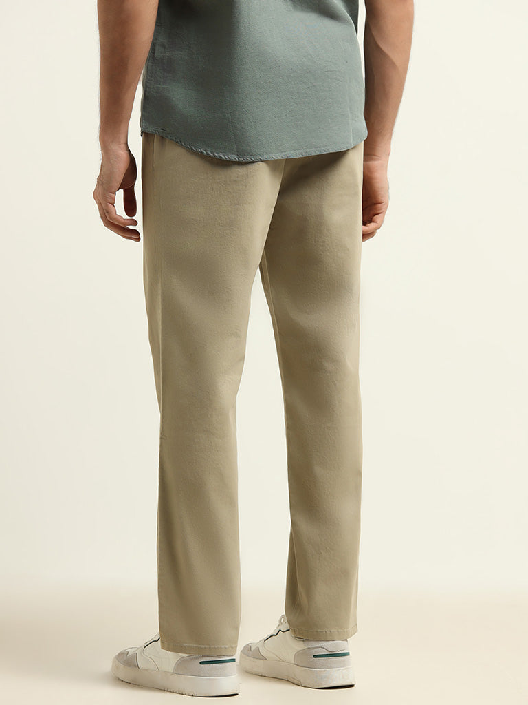 WES Casuals Beige Cotton Blend Relaxed Fit Chinos