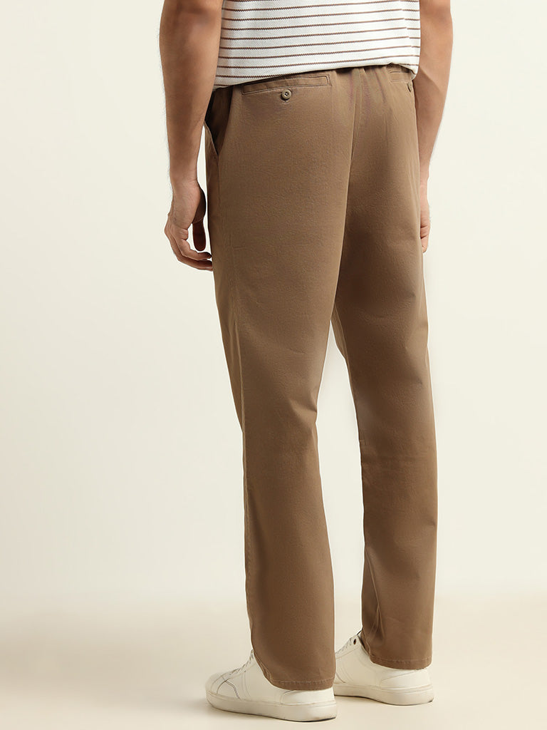 WES Casuals Brown Cotton Blend Relaxed Fit Chinos